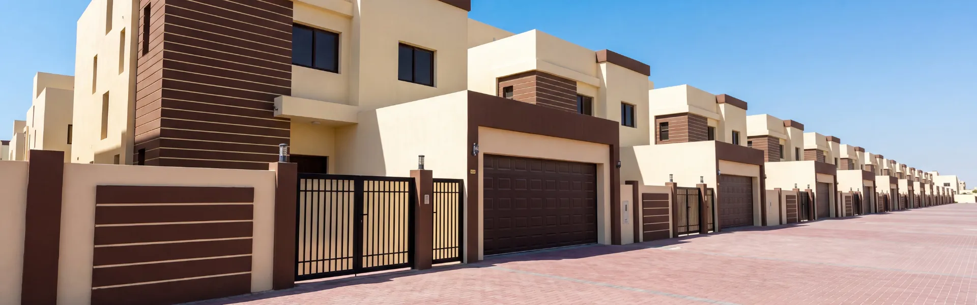 Gated residential villas in one of the best areas to live in Umm Al Quwain, with cream and brown facades under a clear blue sky