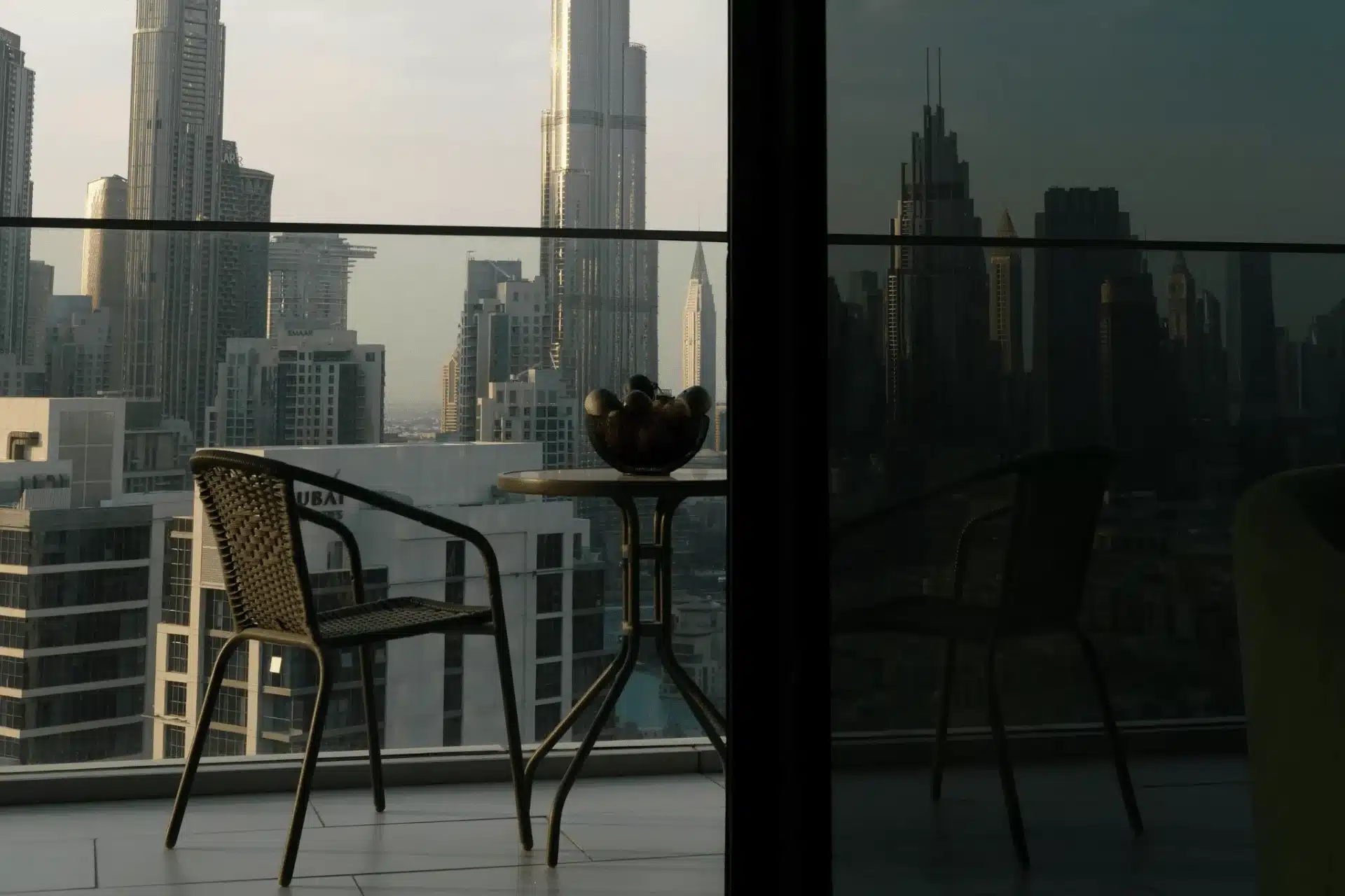 Balcony view of high-rise buildings in Dubai, a modern living in the UAE.