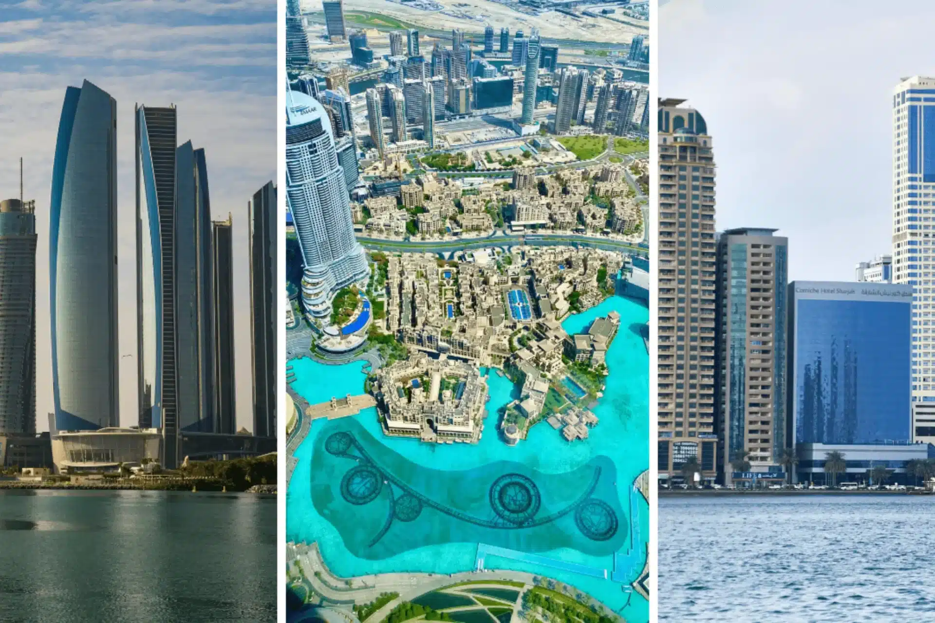Skyline views of Abu Dhabi, Downtown Dubai, and Sharjah waterfront showing high-rise buildings and urban living in the UAE.