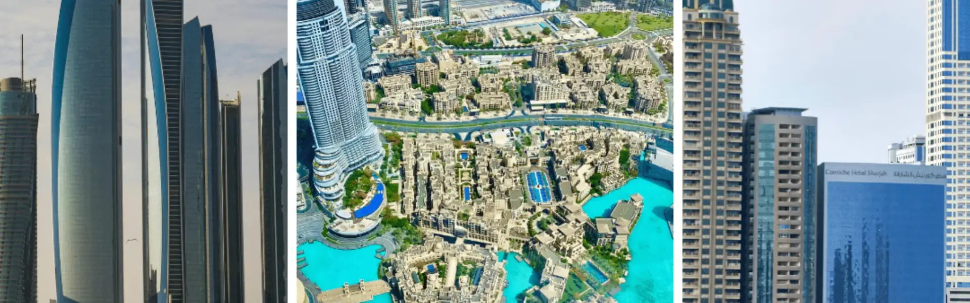 Skyline views of Abu Dhabi, Downtown Dubai, and Sharjah waterfront showing high-rise buildings and urban living in the UAE.