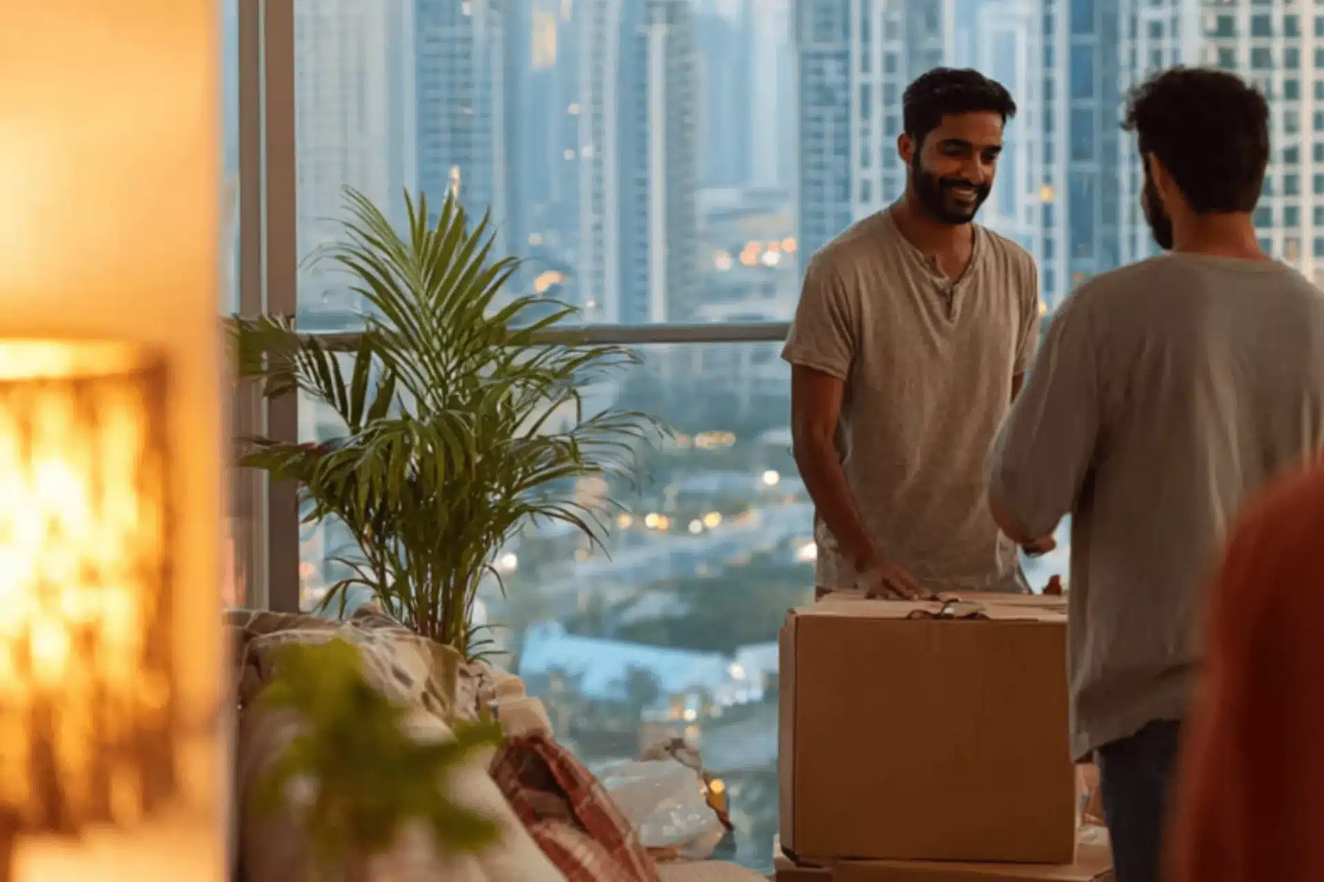 Two Indian flatmates unpacking moving boxes inside a modern Dubai apartment with city skyline views.