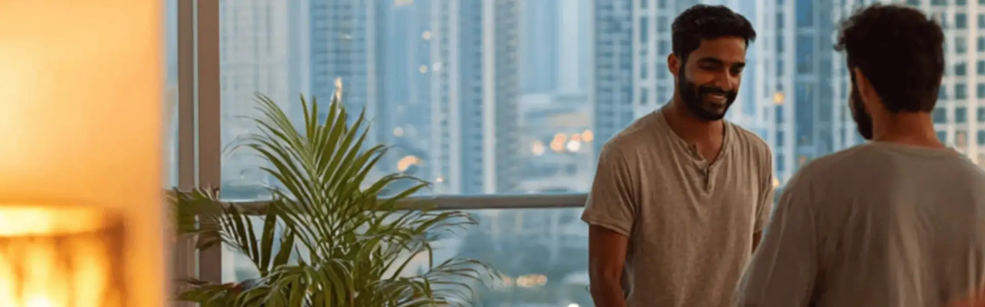 Two Indians moving to a dubai apartment organizing and unpacking boxes.