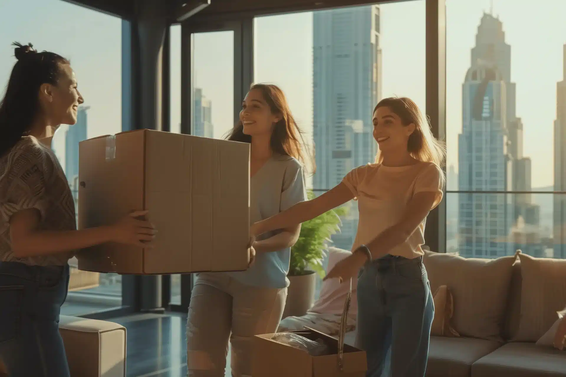 Three women carrying moving boxes into a modern Dubai apartment, representing flat sharing and shared accommodation in the UAE.