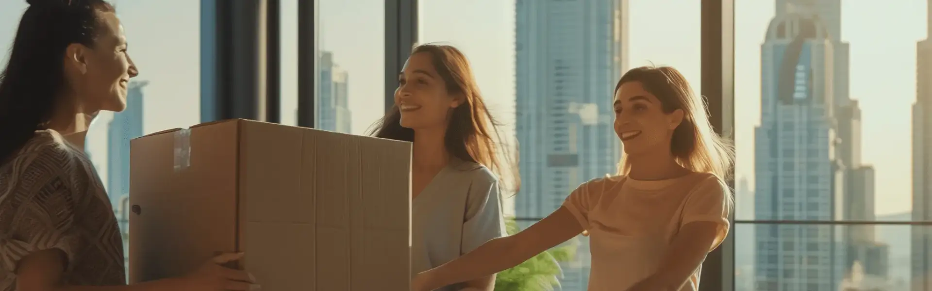 Three women carrying moving boxes into a modern Dubai apartment, representing flat sharing and shared accommodation in the UAE.
