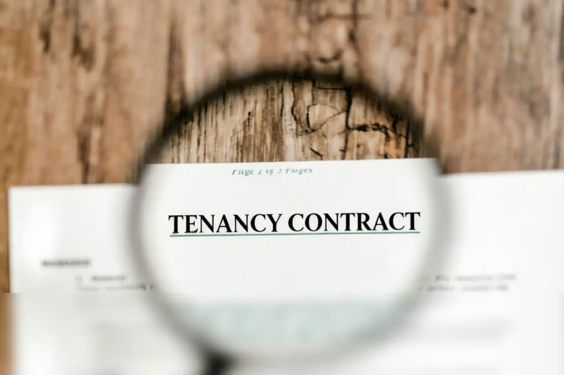 Magnifying glass over a tenancy contract sample in Dubai highlighting the bold title on a white document