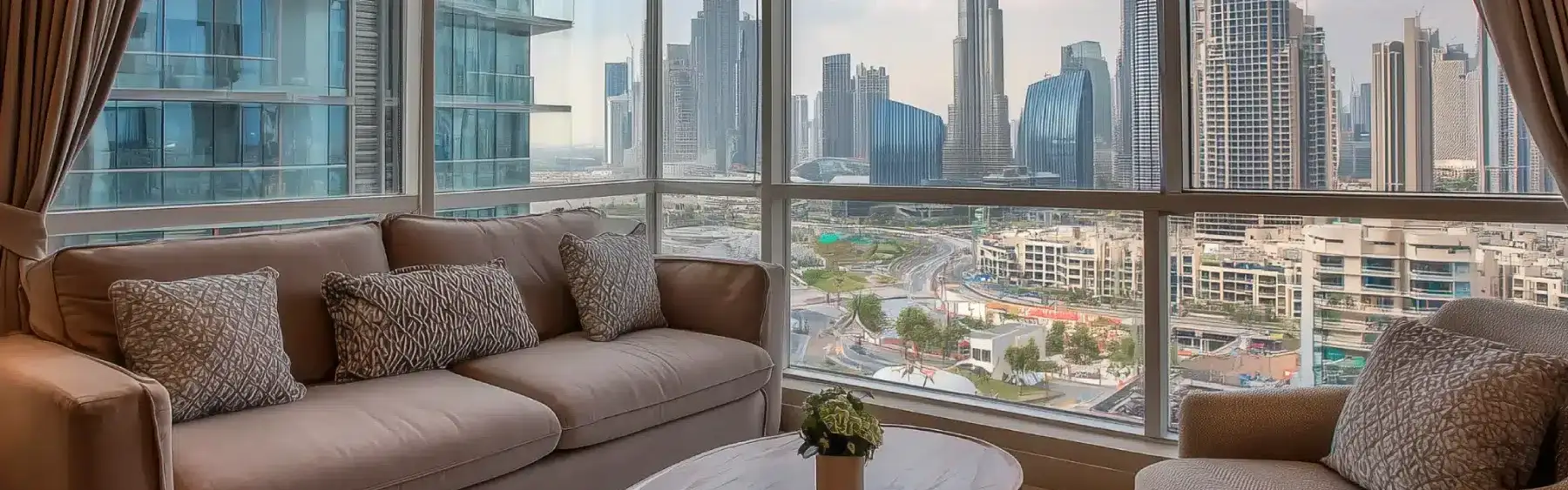 Modern Dubai apartment living room with floor-to-ceiling windows overlooking the Burj Khalifa skyline