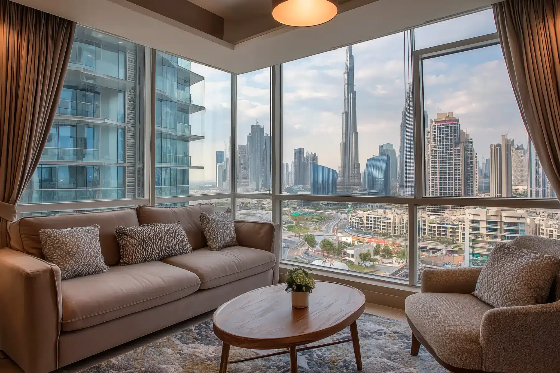Modern Dubai apartment living room with floor-to-ceiling windows overlooking the Burj Khalifa skyline